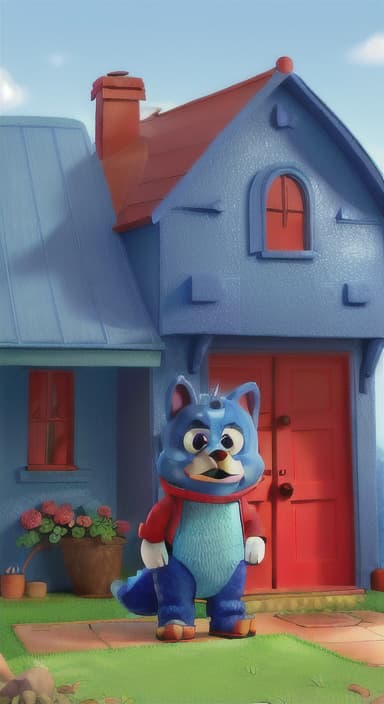  {Max the big blue dog standing in front of a cozy little house with a red door, The big blue dog is large with sky blue fur, big round eyes, a black nose, and floppy ears.