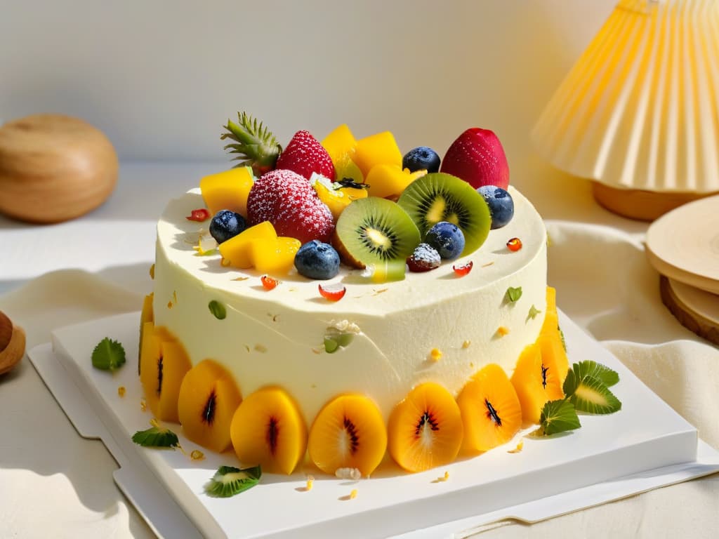  A closeup, photorealistic image of a beautifully decorated tres leches cake adorned with vibrant tropical fruits like mango, pineapple, and kiwi, topped with a delicate sprinkle of toasted coconut flakes and edible flowers. The cake sits on an elegant cake stand against a softfocused background that hints at a bustling international marketplace, capturing the essence of global culinary influences in a single delectable dessert. hyperrealistic, full body, detailed clothing, highly detailed, cinematic lighting, stunningly beautiful, intricate, sharp focus, f/1. 8, 85mm, (centered image composition), (professionally color graded), ((bright soft diffused light)), volumetric fog, trending on instagram, trending on tumblr, HDR 4K, 8K