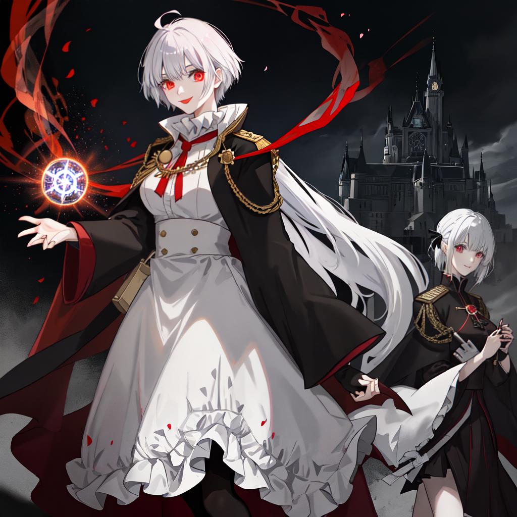  in an anime style, clown goth skin female white messy pixie hair dark red lipstick wearing black military uniform doctor strange cape holding a glowing energy evil smile living in a huge castle