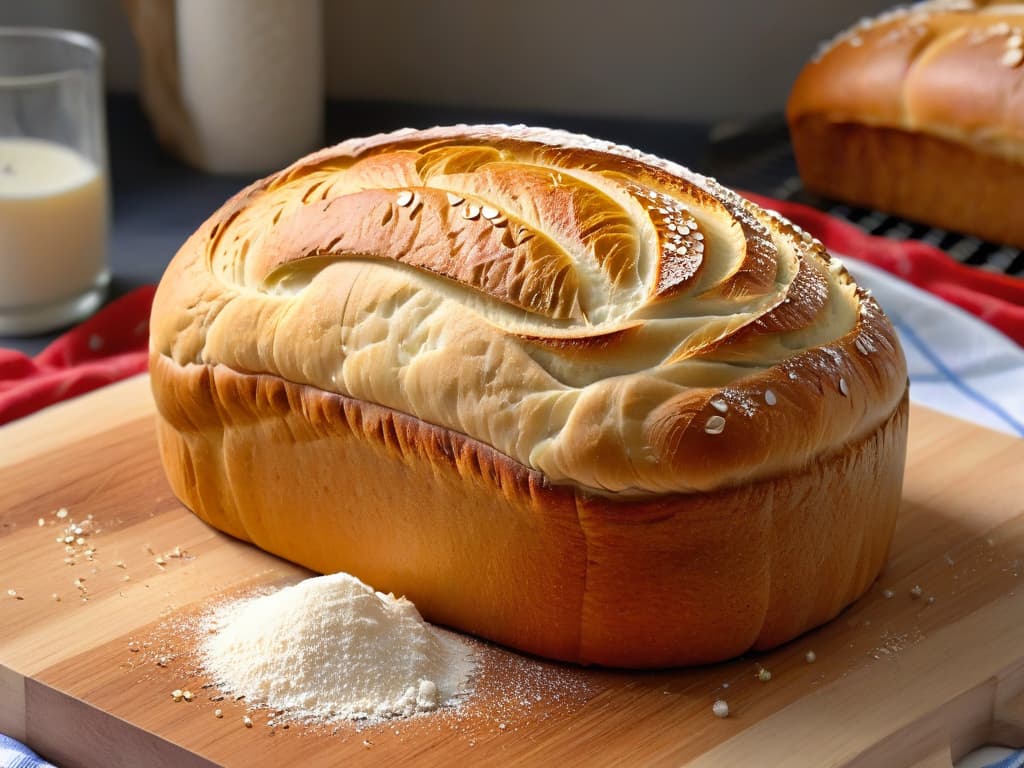  A picturesque, highresolution image showcasing a perfectly goldenbrown loaf of artisanal bread, dusted lightly with flour and placed on a rustic wooden cutting board. The bread is intricately scored with beautiful patterns, emitting a slight steam, surrounded by scattered grains of wheat and a few scattered crumbs. The lighting is soft and natural, highlighting the texture and crust of the bread, creating a warm and inviting atmosphere ideal for a bakery workshop setting. hyperrealistic, full body, detailed clothing, highly detailed, cinematic lighting, stunningly beautiful, intricate, sharp focus, f/1. 8, 85mm, (centered image composition), (professionally color graded), ((bright soft diffused light)), volumetric fog, trending on instagram, trending on tumblr, HDR 4K, 8K