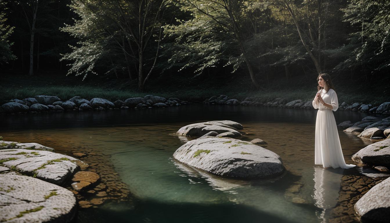  cinematic, aesthetic, Soft light highlighting a person taking a deep breath with hand on chest, serene background with flowing stream, intention, reflection, genuine desire to help, 4k, HDR, lens flare