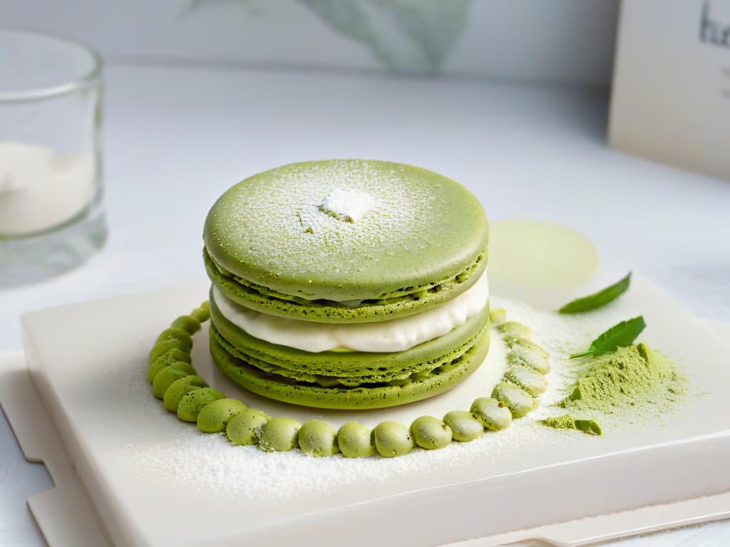  A closeup, ultradetailed photograph of a delicate matcha green tea macaron resting on a marble countertop, showcasing its perfectly smooth surface, vibrant green color, and light dusting of powdered sugar. The intricate details of the macaron's shell and the subtle specks of green tea powder on the surface create a visually appealing and mouthwatering image that captures the essence of modern teainfused desserts. hyperrealistic, full body, detailed clothing, highly detailed, cinematic lighting, stunningly beautiful, intricate, sharp focus, f/1. 8, 85mm, (centered image composition), (professionally color graded), ((bright soft diffused light)), volumetric fog, trending on instagram, trending on tumblr, HDR 4K, 8K