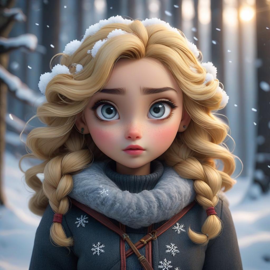  Lonely orphan with big innocent eyes and curly blonde hair and snowflakes in her hair. Lots of big snowflakes. Snowy landscape. hyperrealistic, full body, detailed clothing, highly detailed, cinematic lighting, stunningly beautiful, intricate, sharp focus, f/1. 8, 85mm, (centered image composition), (professionally color graded), ((bright soft diffused light)), volumetric fog, trending on instagram, trending on tumblr, HDR 4K, 8K