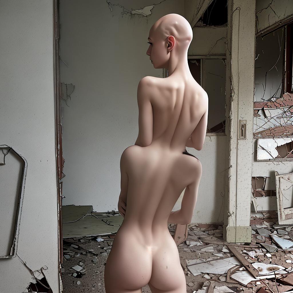  bald-girl, naked, with her back, in an abandoned place