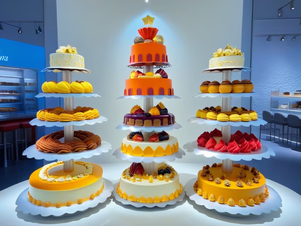  A photorealistic image of a futuristic, avantgarde pastry shop with sleek metallic accents, innovative dessert displays featuring unique geometric shapes, and a vibrant array of colorful, artistic pastries that defy traditional dessert expectations. The scene is set in a modern, minimalist bakery with cuttingedge design elements, showcasing the epitome of global pastry innovation. hyperrealistic, full body, detailed clothing, highly detailed, cinematic lighting, stunningly beautiful, intricate, sharp focus, f/1. 8, 85mm, (centered image composition), (professionally color graded), ((bright soft diffused light)), volumetric fog, trending on instagram, trending on tumblr, HDR 4K, 8K