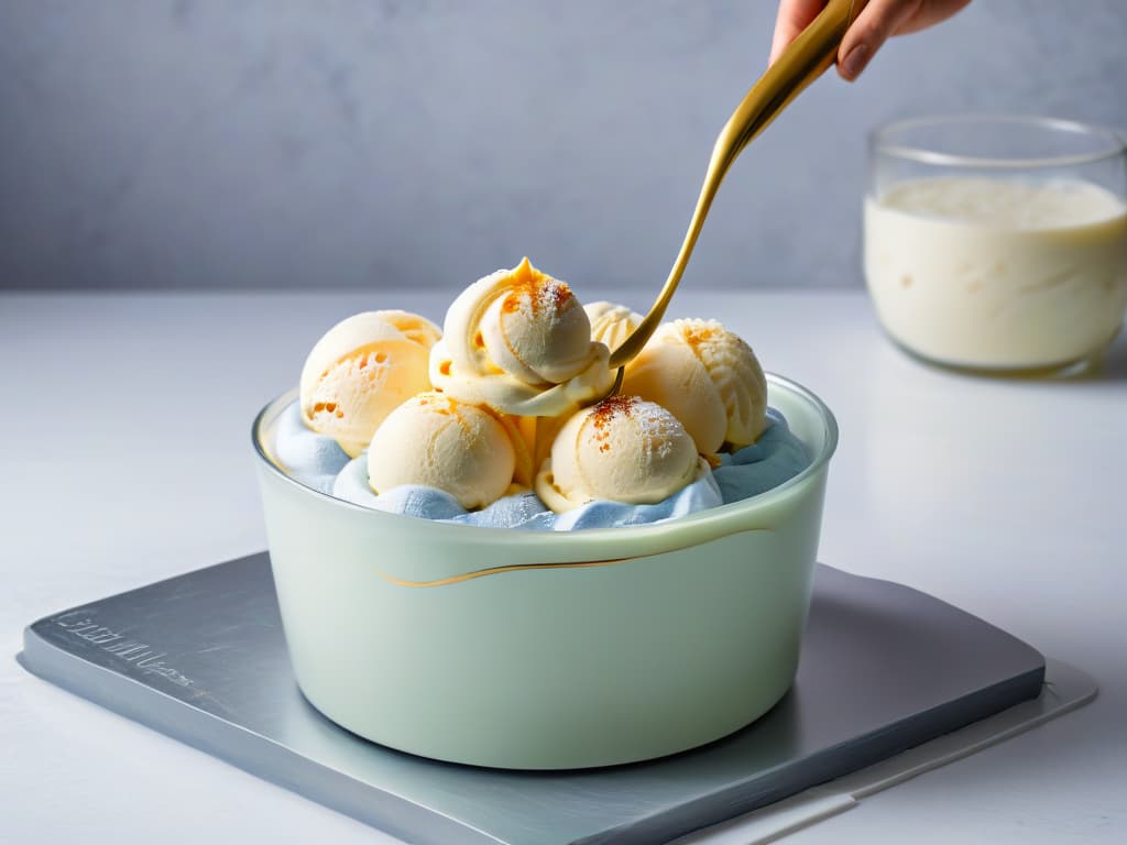  A minimalist image of a sleek, stainless steel ice cream maker filled with swirling, ultracreamy nitrogeninfused ice cream, perfectly scooped into a modern, elegant glass bowl. The focus is on the smooth texture and glossy appearance of the ice cream, with a subtle hint of nitrogen vapors dancing above the frozen dessert. The background is a soft, neutral color to enhance the clean and professional aesthetic of the image, making the viewer crave a taste of this luxurious treat. hyperrealistic, full body, detailed clothing, highly detailed, cinematic lighting, stunningly beautiful, intricate, sharp focus, f/1. 8, 85mm, (centered image composition), (professionally color graded), ((bright soft diffused light)), volumetric fog, trending on instagram, trending on tumblr, HDR 4K, 8K