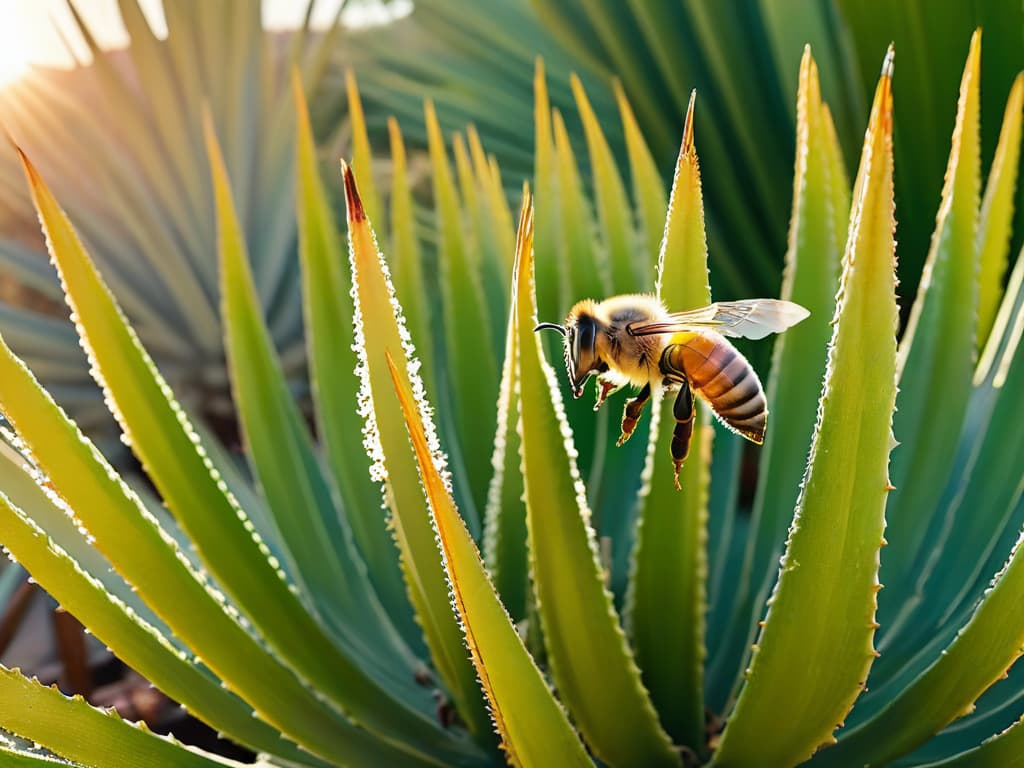  A closeup, ultradetailed image of a honeybee delicately collecting nectar from a vibrant agave plant at sunset, with the warm golden light illuminating the scene and highlighting the intricate details of the bee's wings, the agave's succulent leaves, and the surrounding natural environment. hyperrealistic, full body, detailed clothing, highly detailed, cinematic lighting, stunningly beautiful, intricate, sharp focus, f/1. 8, 85mm, (centered image composition), (professionally color graded), ((bright soft diffused light)), volumetric fog, trending on instagram, trending on tumblr, HDR 4K, 8K