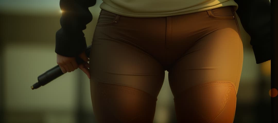  A close-up view of a woman's thighs in tight brown pants; warehouse background; photorealistic; cinematic; golden ratio, hyperrealistic, high quality, highly detailed, perfect lighting, intricate, sharp focus, f/1. 8, 85mm, (centered image composition), (professionally color graded), ((bright soft diffused light)), trending on instagram, HDR 4K, 8K