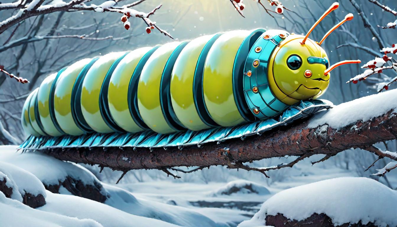  retro futuristic A caterpillar in its cocoon attached to a branch during winter, imminent transformation, harbinger of change, nature's patience, silent metamorphosis, promise of renewal, the essence of transition. lvintage sci fi, 50s and 60s style, atomic age, vibrant, highly detailed