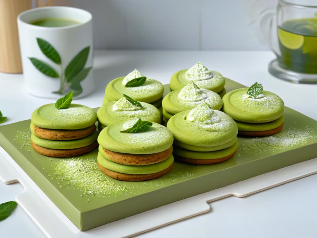  A closeup, photorealistic image of a freshly baked batch of green tea cookies arranged on a elegant porcelain plate, showcasing the goldenbrown edges and the delicate green flecks of matcha powder, with a sprinkle of powdered sugar on top. The cookies are placed next to a steaming cup of green tea, surrounded by fresh green tea leaves and a few whole matcha tea leaves scattered around the scene. The light is soft, highlighting the textures and colors of the cookies and tea, creating a serene and inviting atmosphere perfect for a tea time treat. hyperrealistic, full body, detailed clothing, highly detailed, cinematic lighting, stunningly beautiful, intricate, sharp focus, f/1. 8, 85mm, (centered image composition), (professionally color graded), ((bright soft diffused light)), volumetric fog, trending on instagram, trending on tumblr, HDR 4K, 8K