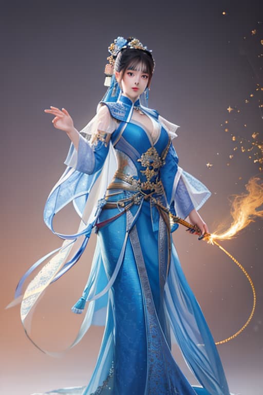  Beauty of Tang Dynasty, blue calico, Q version, IP image, three views, blue, full length portrait, vector illustration, hands on both sides. hyperrealistic, full body, detailed clothing, highly detailed, cinematic lighting, stunningly beautiful, intricate, sharp focus, f/1. 8, 85mm, (centered image composition), (professionally color graded), ((bright soft diffused light)), volumetric fog, trending on instagram, trending on tumblr, HDR 4K, 8K