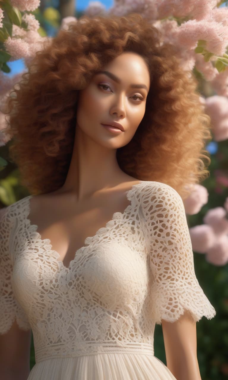  soft portrait of a sunny girl with big eyes and small mouth, aureate curly hair, soft smile. wearing a fluffy lace dress. against the backdrop of a whimsical blooming garden on a spring afternoon. fine details, high realism. realistic render. organic shapes. vraytracing. 4k 8k. best quality. trending on artstaiton. uhd hdr hyperrealistic, full body, detailed clothing, highly detailed, cinematic lighting, stunningly beautiful, intricate, sharp focus, f/1. 8, 85mm, (centered image composition), (professionally color graded), ((bright soft diffused light)), volumetric fog, trending on instagram, trending on tumblr, HDR 4K, 8K