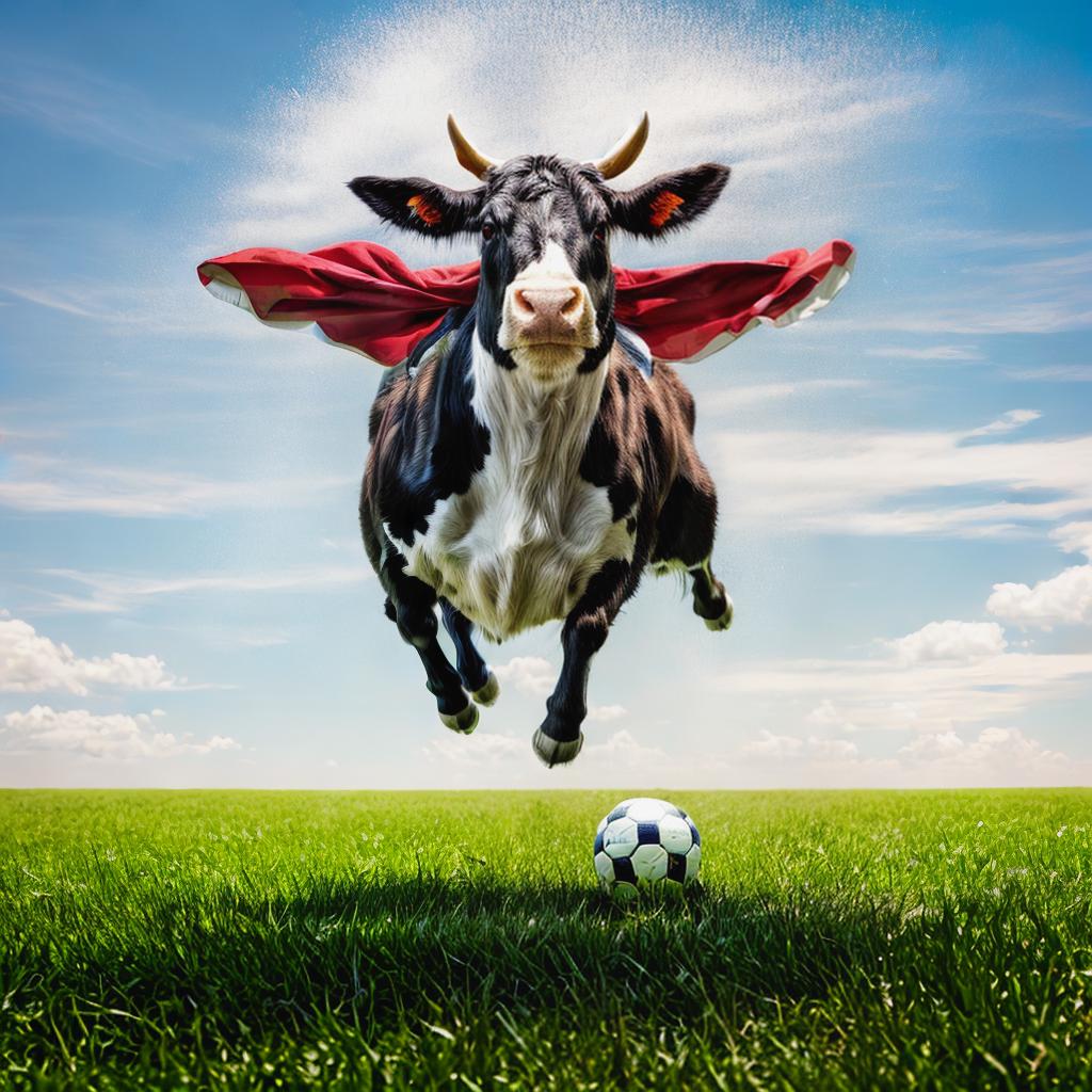  a flying cow, superman cape, flying in football station on mastership, (4k, best quality, masterpiece:1.2), ultrahigh res, highly detailed, sharp focus, (perfect image composition)