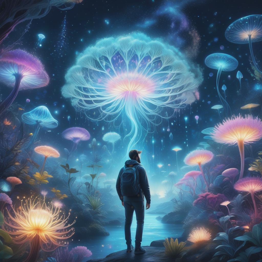  photo RAW,HD,8K, (Ultra detailed illustration of a person lost in a magical world of wonders, glowy, background, incredibly detailed, pastel colors, night, bioluminescence, ultrarealistic, hyperrealistice, hyperdetailed: shiny aura, highly detailed, intricate motifs, perfect composition, smooth, sharp focus, sparkling particles, background Realistic, (In a captivating art piece, a whimsical virtual regal amoeba blob creature takes center stage. by alex1shved This vibrant cartoon image showcases a charming and charismatic character, reminiscent of a blob-like organism. The virtual creation is brought to life with vivid colors and impeccable detailing, capturing every intricate texture and contour. The image, perhaps a digital painting or an  hyperrealistic, full body, detailed clothing, highly detailed, cinematic lighting, stunningly beautiful, intricate, sharp focus, f/1. 8, 85mm, (centered image composition), (professionally color graded), ((bright soft diffused light)), volumetric fog, trending on instagram, trending on tumblr, HDR 4K, 8K