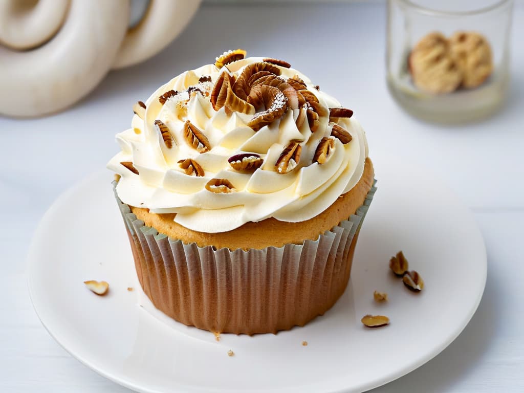  A closeup, ultradetailed image of a single cupcake with a moist, carrotinfused base topped with a swirl of creamy frosting sprinkled with finely chopped walnuts. The cupcake is placed on a sleek, white ceramic plate, with soft natural light illuminating the intricate textures of the moist sponge and the glossy peaks of the frosting. Each crumb and nut piece is crystal clear, highlighting the artistry and detail in the dessert. hyperrealistic, full body, detailed clothing, highly detailed, cinematic lighting, stunningly beautiful, intricate, sharp focus, f/1. 8, 85mm, (centered image composition), (professionally color graded), ((bright soft diffused light)), volumetric fog, trending on instagram, trending on tumblr, HDR 4K, 8K