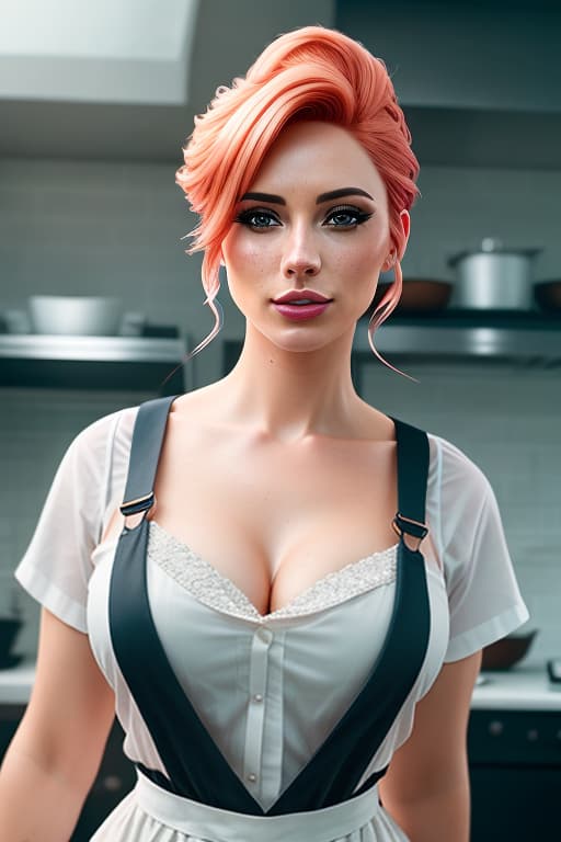  a closeup portrait of a nude maid, undercut hair, apron, amazing body, pronounced feminine feature, busty, kitchen, [ash blonde | ginger | pink hair], freckles, flirting with camera hyperrealistic, full body, detailed clothing, highly detailed, cinematic lighting, stunningly beautiful, intricate, sharp focus, f/1. 8, 85mm, (centered image composition), (professionally color graded), ((bright soft diffused light)), volumetric fog, trending on instagram, trending on tumblr, HDR 4K, 8K