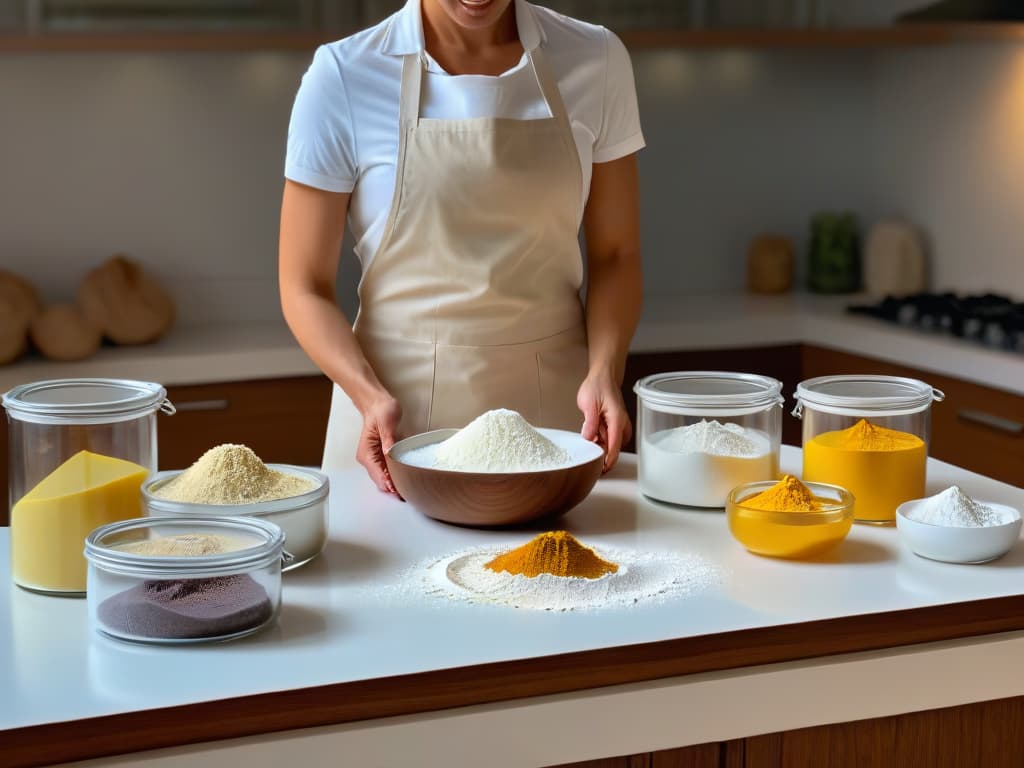  A beautifully composed and highly detailed image of a sleek, modern kitchen counter adorned with an assortment of baking ingredients neatly organized in glass containers. The focus is on a pair of hands gently sifting glutenfree flour into a mixing bowl, capturing the elegant simplicity and precision of glutenfree baking. The lighting is soft, casting gentle shadows that add depth to the scene, enhancing the minimalist aesthetic of the image. hyperrealistic, full body, detailed clothing, highly detailed, cinematic lighting, stunningly beautiful, intricate, sharp focus, f/1. 8, 85mm, (centered image composition), (professionally color graded), ((bright soft diffused light)), volumetric fog, trending on instagram, trending on tumblr, HDR 4K, 8K