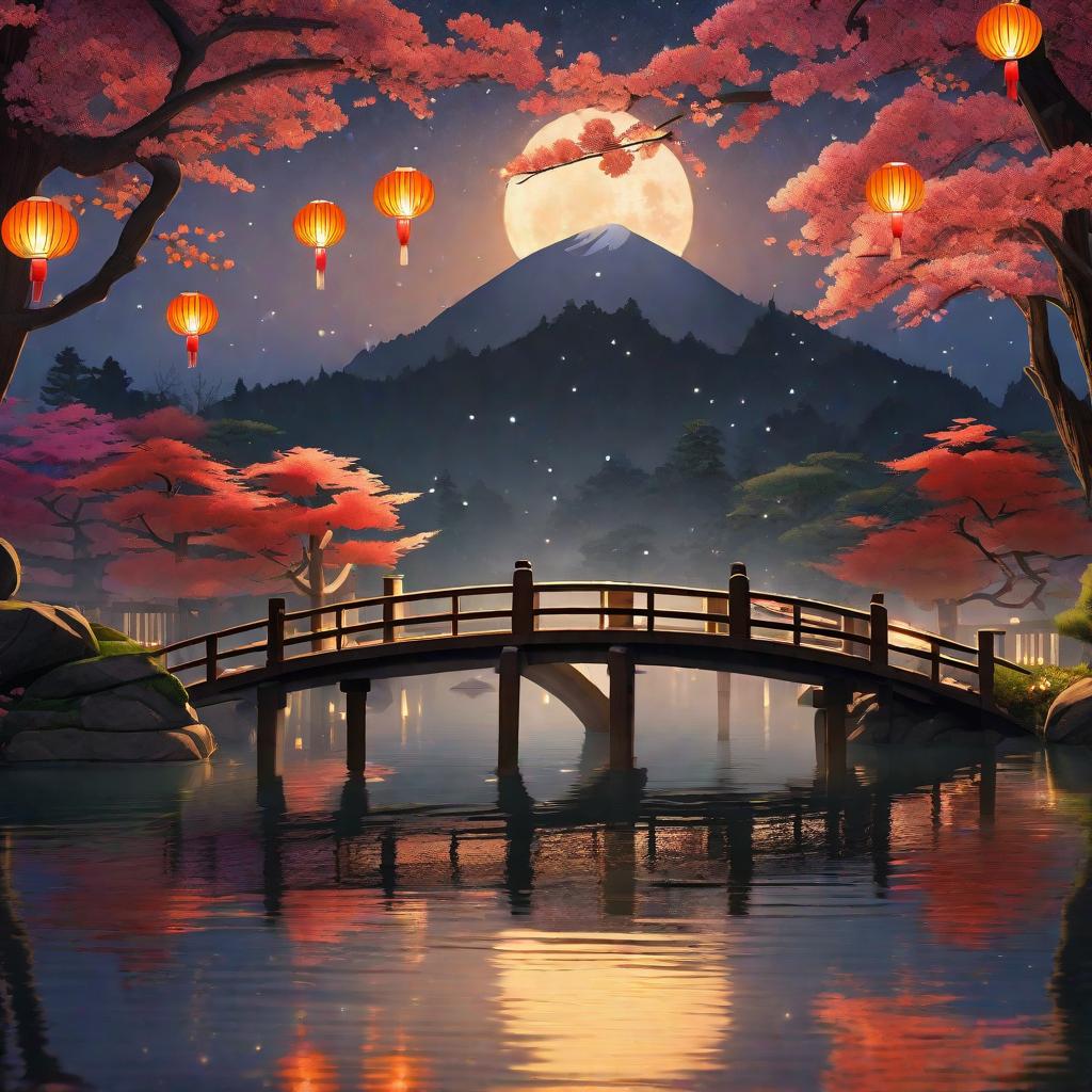  masterpiece, best quality, (Fidelity: 1.4), Best Quality, Masterpiece, Ultra High Resolution, 8k resolution, A night view inspired by Japanese art, featuring a garden illuminated by paper lanterns and a wooden bridge spanning a tranquil lake, by the lakeside, there is a small Zen temple. The water reflects the starry sky.