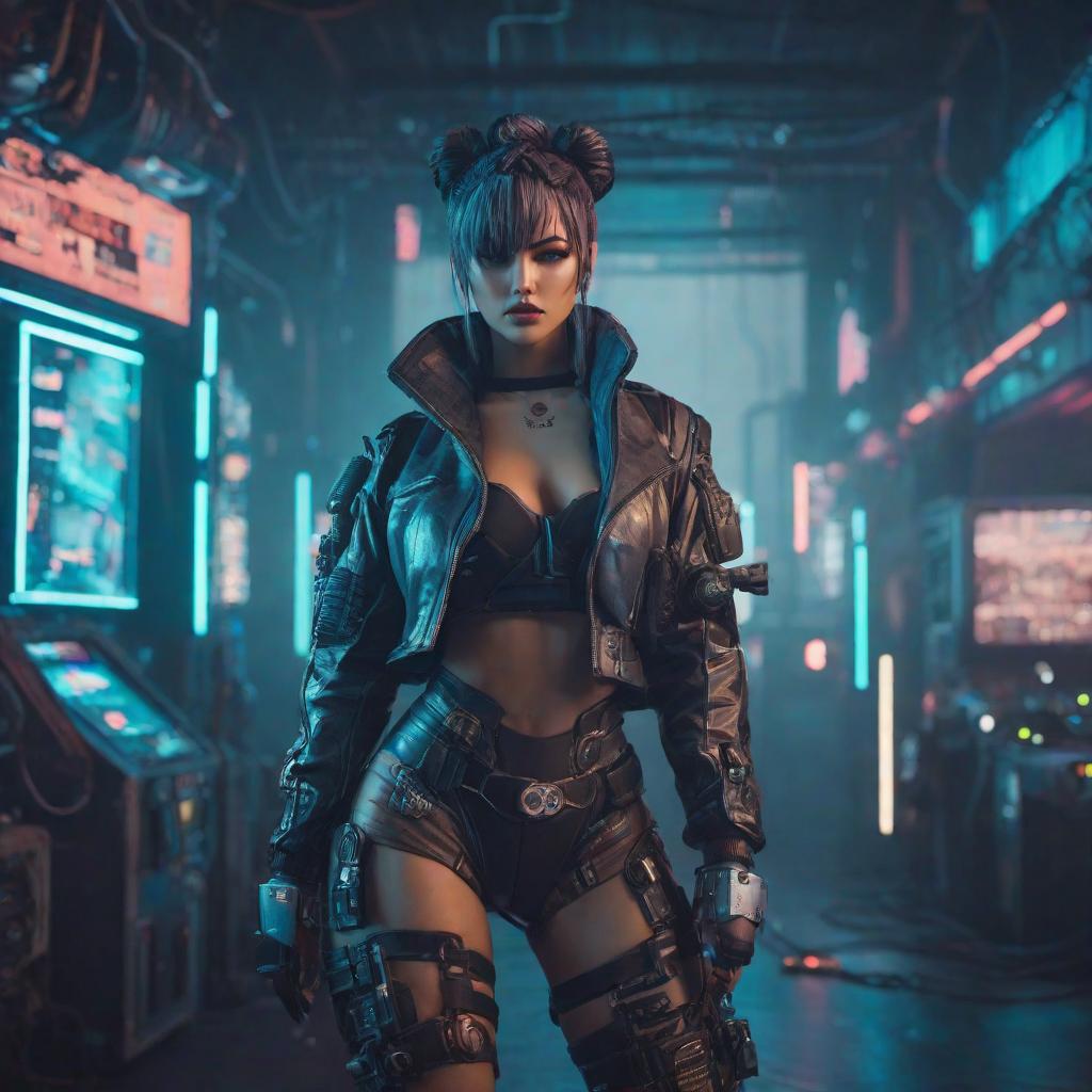  vintage videogame amazing girl in cyberpunk style, cute, hyper detail, full HD hyperrealistic, full body, detailed clothing, highly detailed, cinematic lighting, stunningly beautiful, intricate, sharp focus, f/1. 8, 85mm, (centered image composition), (professionally color graded), ((bright soft diffused light)), volumetric fog, trending on instagram, trending on tumblr, HDR 4K, 8K