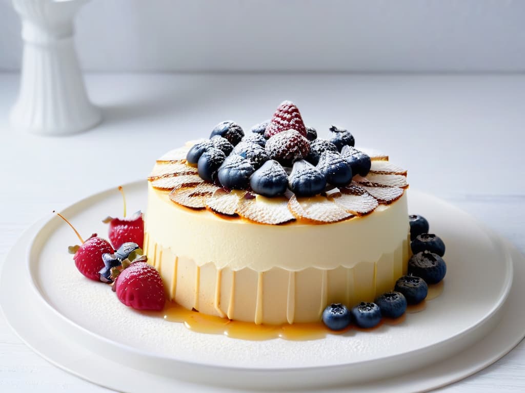  A minimalist black and white image of a beautifully plated lowcalorie dessert, featuring intricate layers of light and airy sponge cake, topped with fresh berries and a delicate drizzle of honey, all elegantly arranged on a modern and sleek white plate. The dessert is set against a clean, uncluttered background, emphasizing its artful presentation and enticing appeal. hyperrealistic, full body, detailed clothing, highly detailed, cinematic lighting, stunningly beautiful, intricate, sharp focus, f/1. 8, 85mm, (centered image composition), (professionally color graded), ((bright soft diffused light)), volumetric fog, trending on instagram, trending on tumblr, HDR 4K, 8K