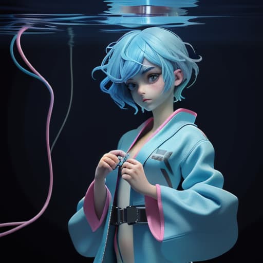  A girl under water with short blue hair no reaciton wiring a robe without anything else