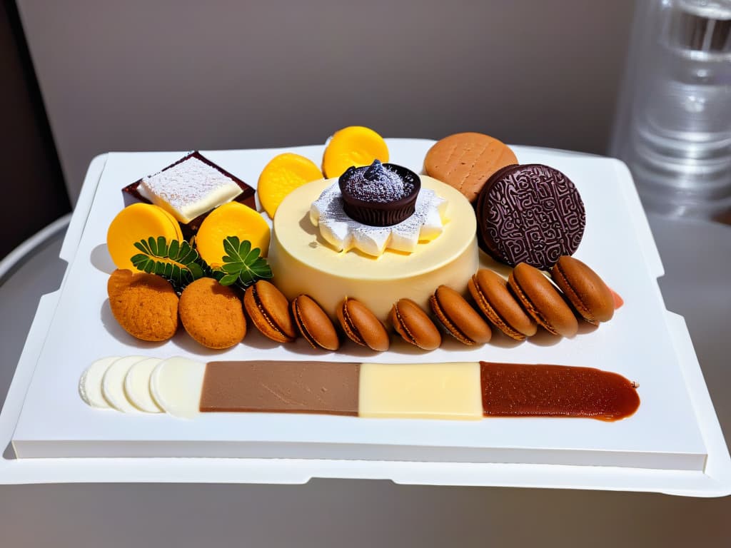  An ultradetailed image of a delicate, intricately designed dessert platter featuring a fusion of traditional desserts from various cultures, presented on a sleek, modern, and minimalistic white serving dish. Each dessert is meticulously crafted, showcasing the influence of globalization on traditional sweet treats. From colorful macarons to elegantly layered tiramisu, the image exudes sophistication and cultural diversity, symbolizing the harmonious blend of global influences in the world of traditional desserts. hyperrealistic, full body, detailed clothing, highly detailed, cinematic lighting, stunningly beautiful, intricate, sharp focus, f/1. 8, 85mm, (centered image composition), (professionally color graded), ((bright soft diffused light)), volumetric fog, trending on instagram, trending on tumblr, HDR 4K, 8K