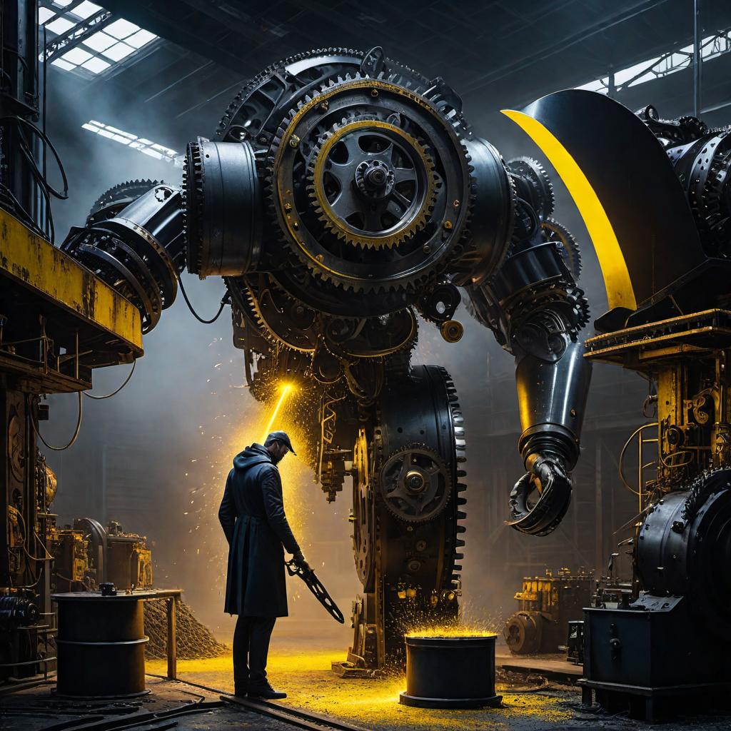  A visual representation of the word 'sabotage': A dark, shadowy figure is depicted placing a wrench into the gears of a large, complex machine. The background is a dimly lit industrial setting with sparks flying from machinery. The figure's face is obscured by a hood, and there's a sense of secrecy and malice in the air. The colors are mostly dark blues and grays, with a dramatic contrast of bright yellow sparks. hyperrealistic, full body, detailed clothing, highly detailed, cinematic lighting, stunningly beautiful, intricate, sharp focus, f/1. 8, 85mm, (centered image composition), (professionally color graded), ((bright soft diffused light)), volumetric fog, trending on instagram, trending on tumblr, HDR 4K, 8K