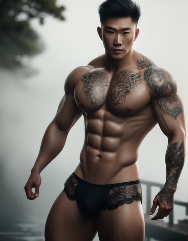  muscle, tattooed Chinese beautiful boy with white lace, lifting his in river， whole body，chest hair hyperrealistic, full body, detailed clothing, highly detailed, cinematic lighting, stunningly beautiful, intricate, sharp focus, f/1. 8, 85mm, (centered image composition), (professionally color graded), ((bright soft diffused light)), volumetric fog, trending on instagram, trending on tumblr, HDR 4K, 8K