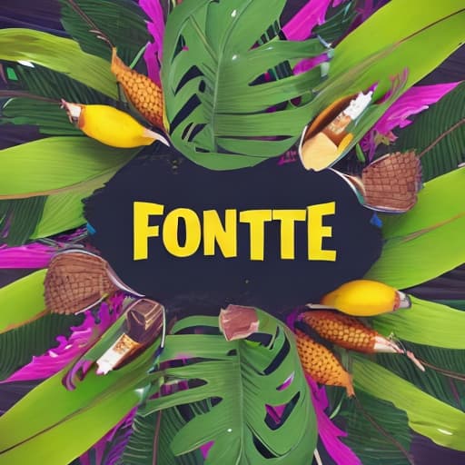  A word written in the middle: Banana, Fortnite style writing, as a background, a tropical forest in front of the sea