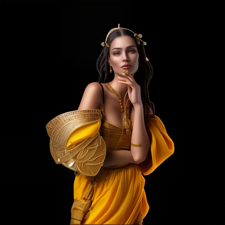 mdjrny-v4 style Create an avatar of a female character in an Ancient Civilization style. The character should be dressed in clothing typical of the chosen ancient civilization, such as a toga for Roman or Greek influence, or traditional robes and garments for Egyptian or Mesopotamian influence. Her hairstyle should reflect the hairstyles of that time period, which could include braids, elaborate headdresses, or adorned with cultural symbols. She should have a dignified and regal posture, reflecting the values and customs of the ancient civilization. Accessories like jewelry, symbols of rank, or cultural artifacts can be included to enhance her historical authenticity. The background should depict an environment associated with the chosen ancient civilizati