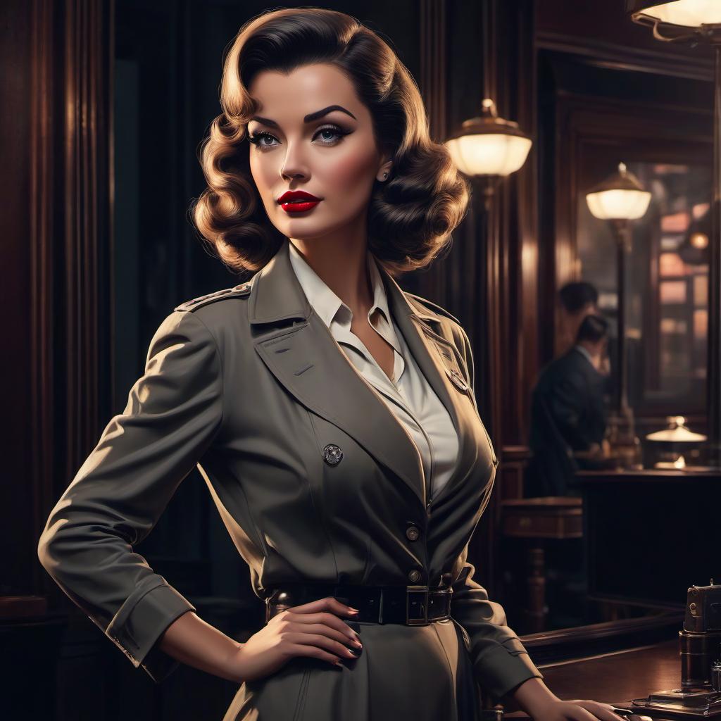  Charming girl detective from the mid 1950s, retro noir style, detailed character design, vintage fashion, cinematic lighting, mysterious setting, digital painting, character design by Gabriel Del Otto, art deco background, 4k resolution hyperrealistic, full body, detailed clothing, highly detailed, cinematic lighting, stunningly beautiful, intricate, sharp focus, f/1. 8, 85mm, (centered image composition), (professionally color graded), ((bright soft diffused light)), volumetric fog, trending on instagram, trending on tumblr, HDR 4K, 8K