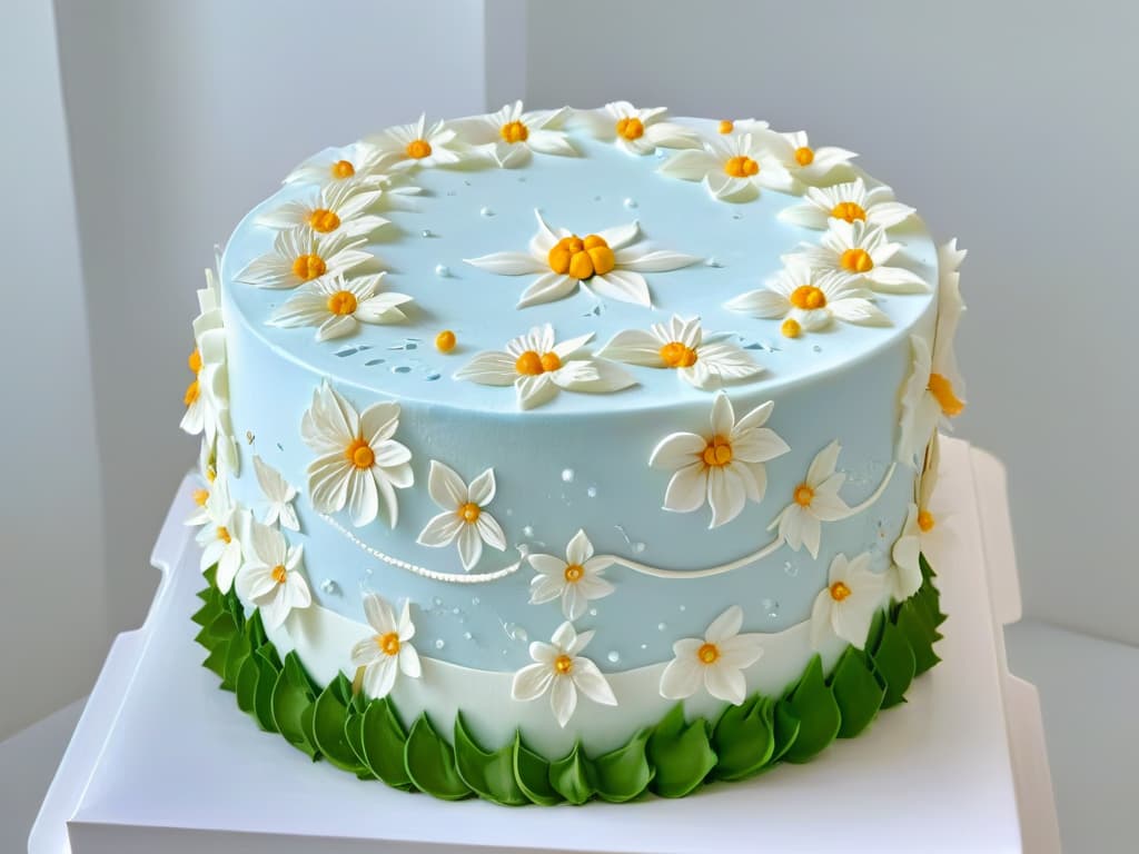  An ultradetailed closeup image of a perfectly frosted, multilayered cake adorned with intricate sugar flowers and delicate piping designs, set against a clean, white background. The frosting is smooth and glossy, reflecting the light to highlight every detail of the intricate decorations. The vibrant colors of the flowers pop against the white backdrop, showcasing the artistry and skill of a professional pastry chef. hyperrealistic, full body, detailed clothing, highly detailed, cinematic lighting, stunningly beautiful, intricate, sharp focus, f/1. 8, 85mm, (centered image composition), (professionally color graded), ((bright soft diffused light)), volumetric fog, trending on instagram, trending on tumblr, HDR 4K, 8K