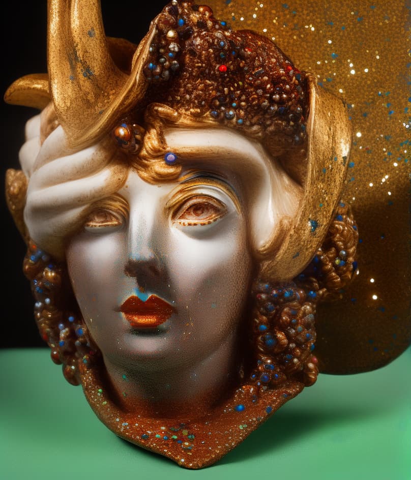  PHOTOGRAPH of a bright, Colorful and Shiny (((Meissen Porcelain HEAD OF HOLOFERNES))) with a (((GLITTERY HAT))), TWO HANDS, FINGERS (((sculptural Porcelain hair))) looking at the viewer, on a black background, Stunning Masterpiece, Wide angle, 3:2 aspect radio, with perfect expression and facial structure, LARGE EYES, in the style of FRAGONARD, ultra sharp focus, 8k, big dark eyes, closed mouth, (((45 degree light))),  hyperrealistic, full body, detailed clothing, highly detailed, cinematic lighting, stunningly beautiful, intricate, sharp focus, f/1. 8, 85mm, (centered image composition), (professionally color graded), ((bright soft diffused light)), volumetric fog, trending on instagram, trending on tumblr, HDR 4K, 8K