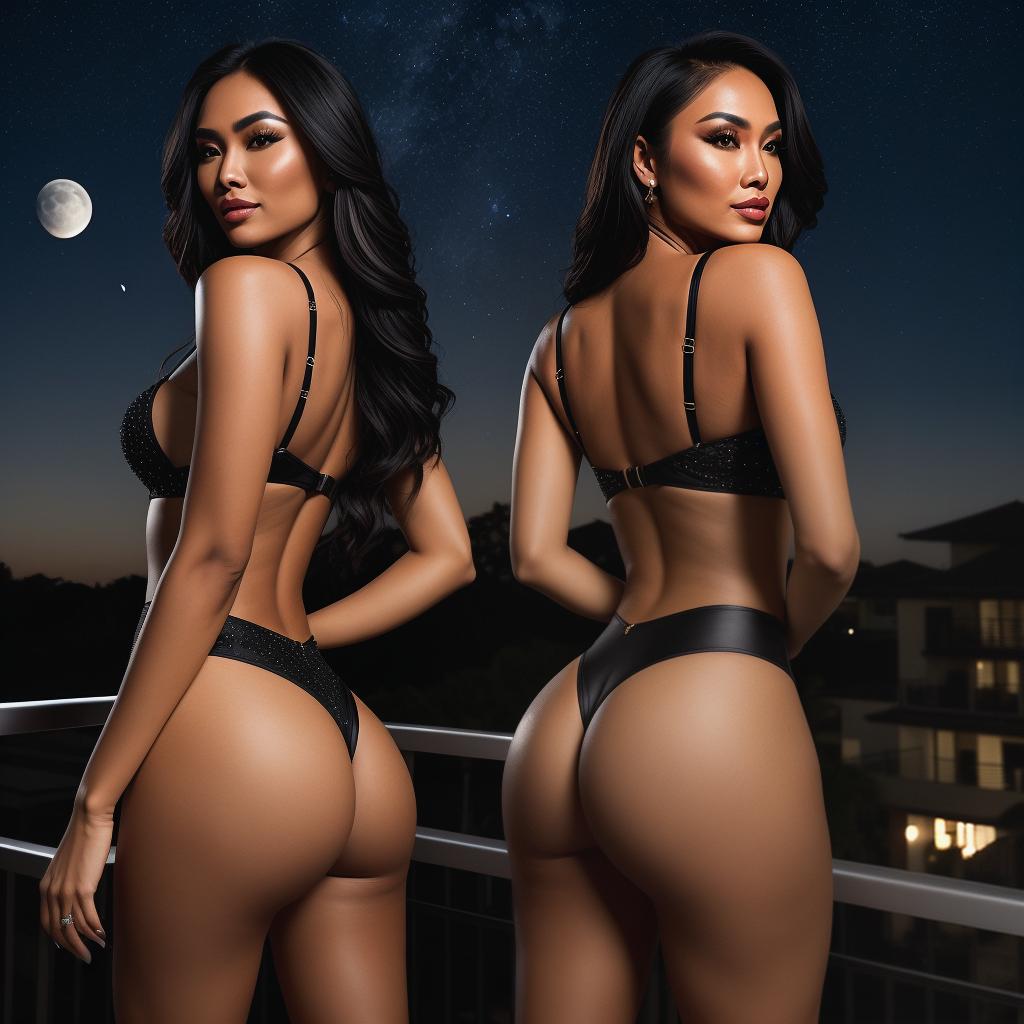  A beautiful Filipino woman standing on a balcony staring into the night. She has her back to the photographer. She's wearing a black g string bottom and nothing else. No top. She has a full back tattoo of a dragon. The side of her face is visible. Her butt is visible. She has a slender body and her butt is round. The moon and stars can be seen. The stars are bright and the moon is large. She has blonde highlights in her long black hair., high quality, high details, HD, perfect composition, 4k epic detailed, highly detailed, sharp focus, high resolution