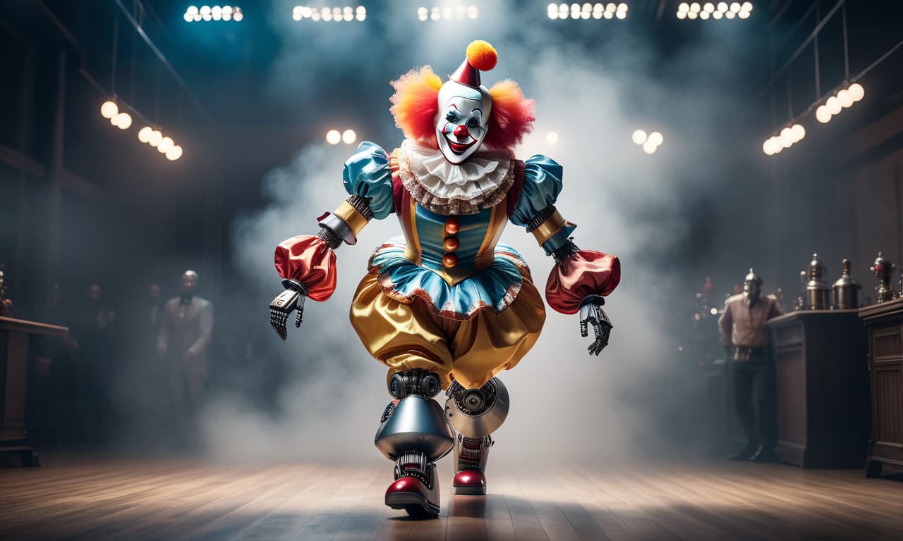  A clown robot dances. hyperrealistic, full body, detailed clothing, highly detailed, cinematic lighting, stunningly beautiful, intricate, sharp focus, f/1. 8, 85mm, (centered image composition), (professionally color graded), ((bright soft diffused light)), volumetric fog, trending on instagram, trending on tumblr, HDR 4K, 8K