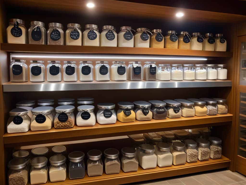  An ultradetailed 8k image of a perfectly organized pantry shelf dedicated to storing baking ingredients. The image showcases neatly arranged glass jars filled with various types of flour, sugar, baking soda, and other baking essentials. Each jar is meticulously labeled with elegant calligraphy, adding a touch of sophistication to the minimalist aesthetic. The soft, diffused lighting highlights the clarity and precision of the organization, emphasizing the importance of proper storage for baking ingredients. hyperrealistic, full body, detailed clothing, highly detailed, cinematic lighting, stunningly beautiful, intricate, sharp focus, f/1. 8, 85mm, (centered image composition), (professionally color graded), ((bright soft diffused light)), volumetric fog, trending on instagram, trending on tumblr, HDR 4K, 8K