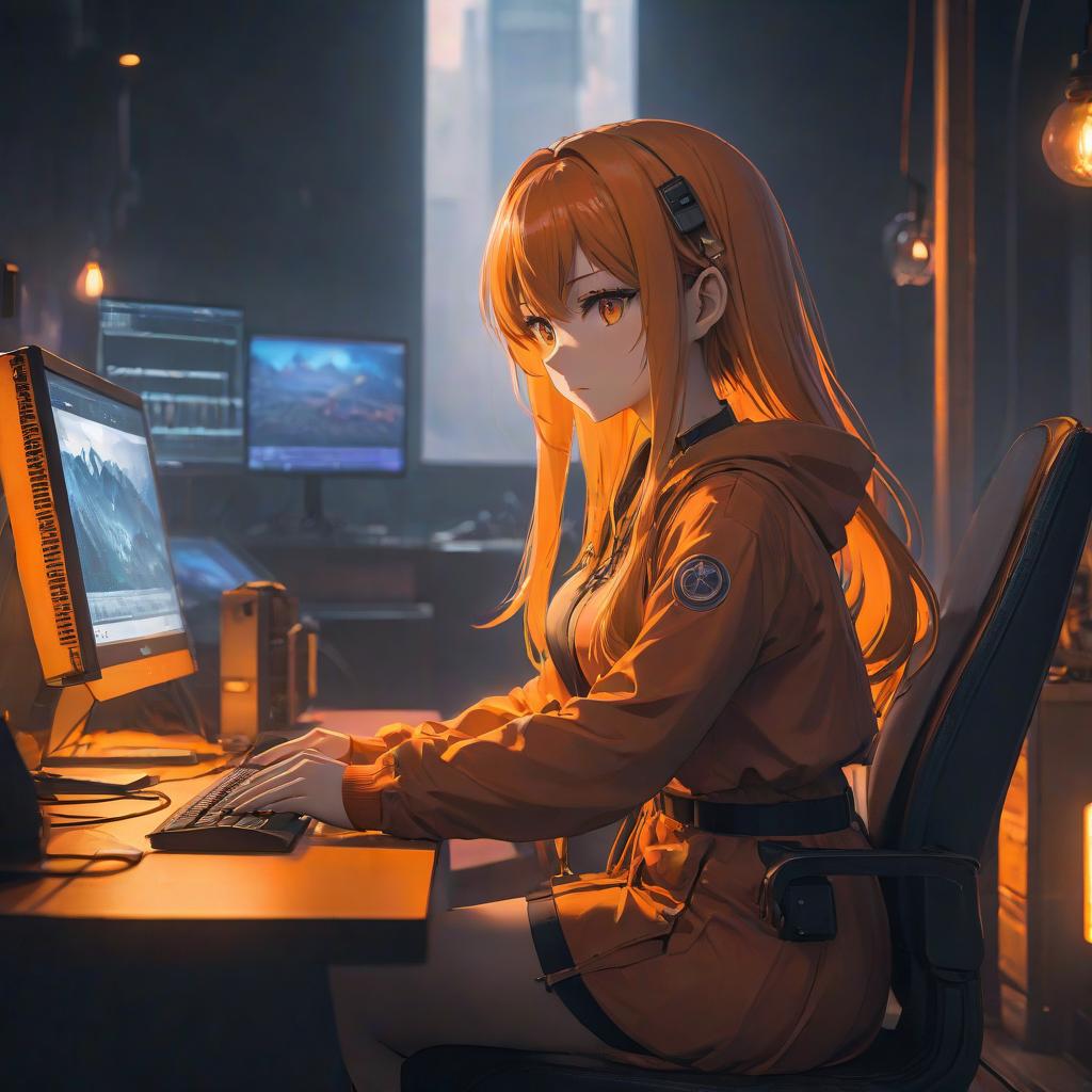  anime artwork A girl in an anime style sits at a computer in orange tones. . anime style, key visual, vibrant, studio anime, highly detailed hyperrealistic, full body, detailed clothing, highly detailed, cinematic lighting, stunningly beautiful, intricate, sharp focus, f/1. 8, 85mm, (centered image composition), (professionally color graded), ((bright soft diffused light)), volumetric fog, trending on instagram, trending on tumblr, HDR 4K, 8K