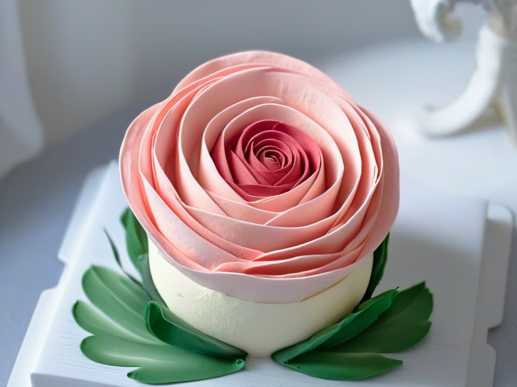  A closeup, ultradetailed image of a perfectly sculpted rose made out of delicate sugar paste, showcasing intricate layers and lifelike details. The soft pink petals are expertly shaped, with each fold and curve capturing the light in a mesmerizing way. The background is blurred, emphasizing the exquisite craftsmanship of the sugar flower and highlighting the level of skill achievable through advanced pastry courses. hyperrealistic, full body, detailed clothing, highly detailed, cinematic lighting, stunningly beautiful, intricate, sharp focus, f/1. 8, 85mm, (centered image composition), (professionally color graded), ((bright soft diffused light)), volumetric fog, trending on instagram, trending on tumblr, HDR 4K, 8K