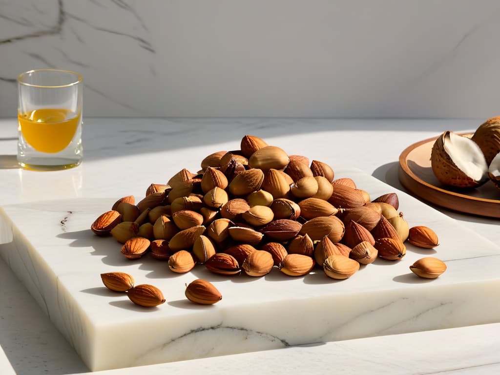  An ultradetailed image of a pristine white marble countertop with a scattering of vibrant, whole almonds and coconuts, showcasing their natural textures and shapes under soft, diffused natural lighting. hyperrealistic, full body, detailed clothing, highly detailed, cinematic lighting, stunningly beautiful, intricate, sharp focus, f/1. 8, 85mm, (centered image composition), (professionally color graded), ((bright soft diffused light)), volumetric fog, trending on instagram, trending on tumblr, HDR 4K, 8K