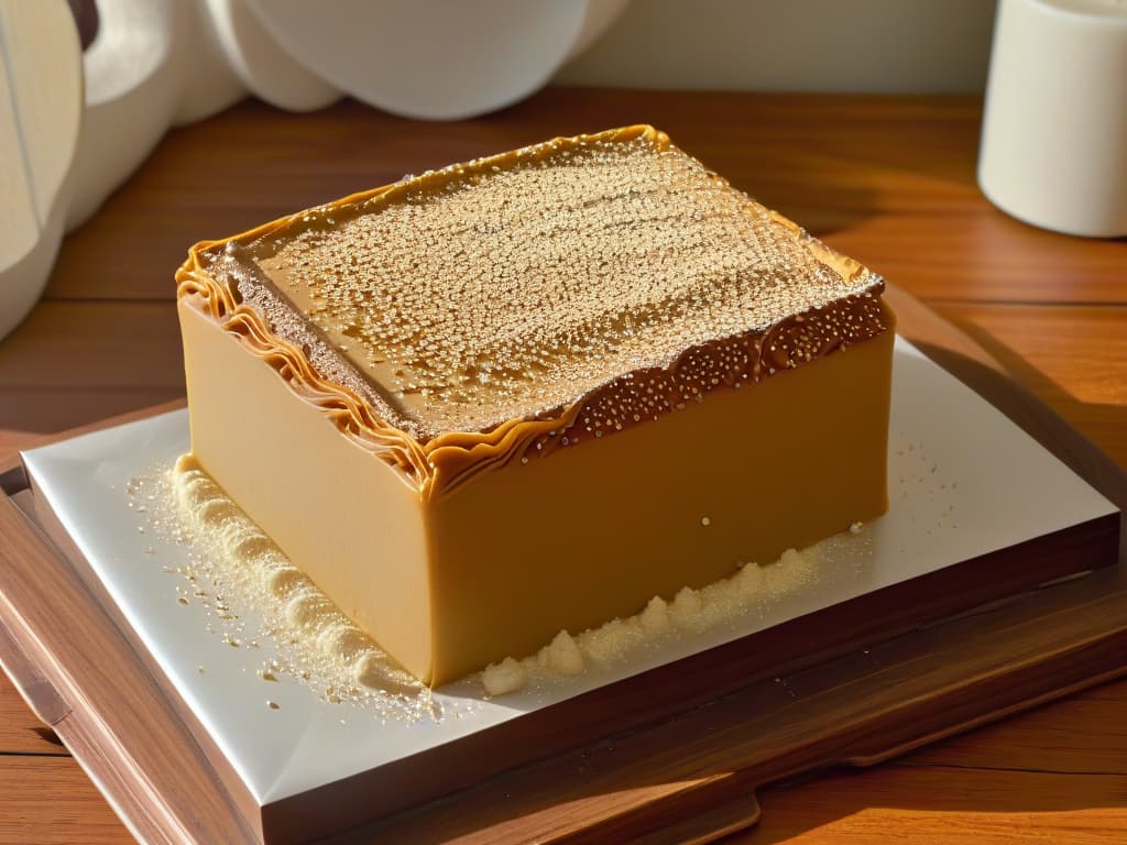  A photorealistic image of a beautifully arranged homemade sesame halva on a rustic wooden table, showcasing the rich, sweet dessert garnished with delicate sesame seeds. The halva is cut into perfect squares, revealing its dense, fudgy texture and nutty aroma. Sunlight streams in from a nearby window, casting a warm, inviting glow on the dessert, creating a mouthwatering and visually appealing scene. hyperrealistic, full body, detailed clothing, highly detailed, cinematic lighting, stunningly beautiful, intricate, sharp focus, f/1. 8, 85mm, (centered image composition), (professionally color graded), ((bright soft diffused light)), volumetric fog, trending on instagram, trending on tumblr, HDR 4K, 8K