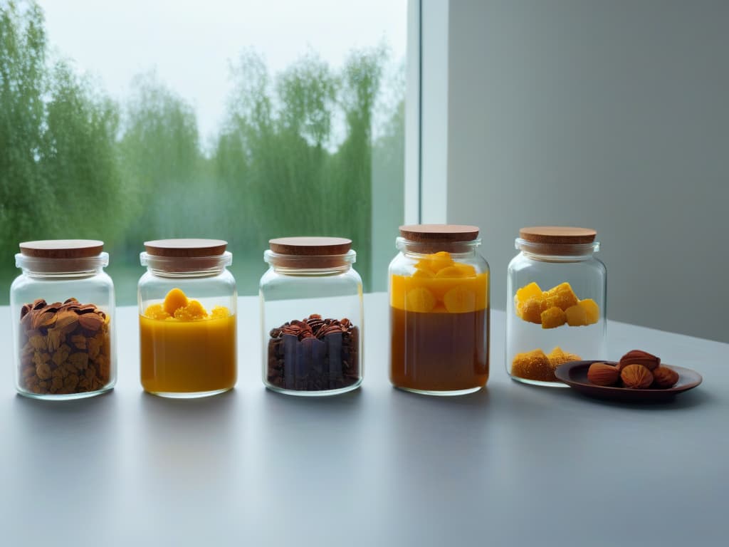  A closeup, ultradetailed image of a pristine white marble countertop with a variety of natural sweeteners elegantly arranged in small, glass jars. From left to right, the jars hold stevia leaves, raw honeycomb, coconut sugar crystals, maple syrup, and dates. The natural light filtering in from a nearby window casts soft shadows, highlighting the textures and colors of each sweetener. The overall aesthetic is sleek, modern, and visually captivating, perfect for a professional and inspiring article on choosing the best natural sweetener for baking. hyperrealistic, full body, detailed clothing, highly detailed, cinematic lighting, stunningly beautiful, intricate, sharp focus, f/1. 8, 85mm, (centered image composition), (professionally color graded), ((bright soft diffused light)), volumetric fog, trending on instagram, trending on tumblr, HDR 4K, 8K