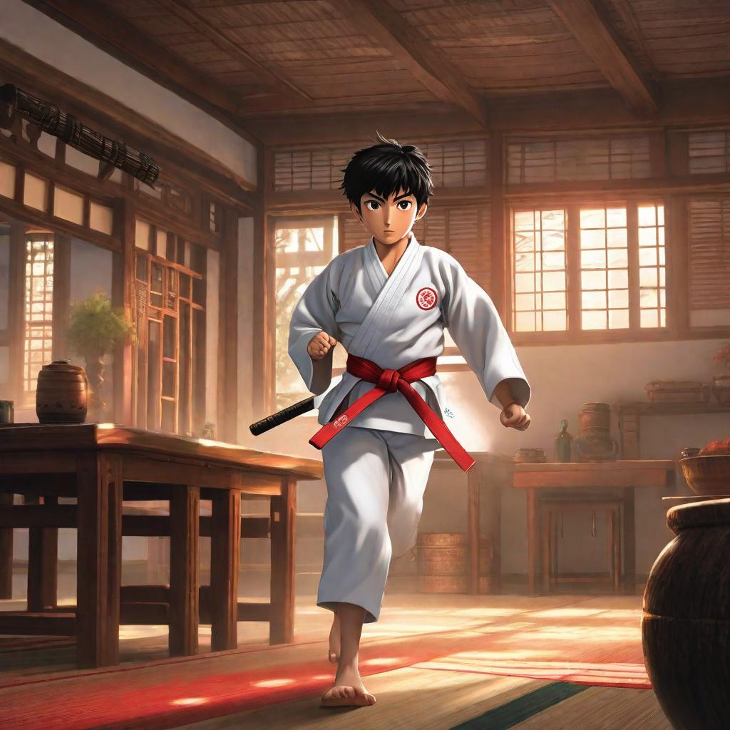  A child wearing a karate uniform runs inside a room carrying a stick., anime concept art by Hayao Miyazaki, featured on pixiv, fantasy art, concept art, official art, high detailed hyperrealistic, full body, detailed clothing, highly detailed, cinematic lighting, stunningly beautiful, intricate, sharp focus, f/1. 8, 85mm, (centered image composition), (professionally color graded), ((bright soft diffused light)), volumetric fog, trending on instagram, trending on tumblr, HDR 4K, 8K