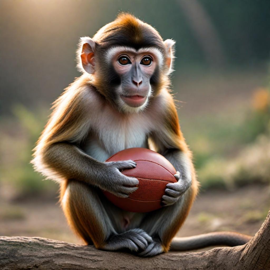  A playful monkey engaging in a humorous activity by humping a football in a comical manner. hyperrealistic, full body, detailed clothing, highly detailed, cinematic lighting, stunningly beautiful, intricate, sharp focus, f/1. 8, 85mm, (centered image composition), (professionally color graded), ((bright soft diffused light)), volumetric fog, trending on instagram, trending on tumblr, HDR 4K, 8K