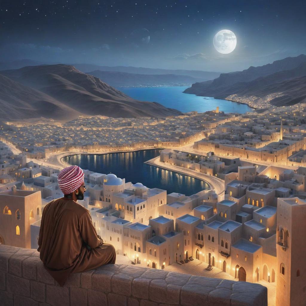  a painting of a omani man sitting in front of a city at night, a detailed matte painting , shutterstock contest winner, fantasy art, matte painting, fantasy, storybook illustration