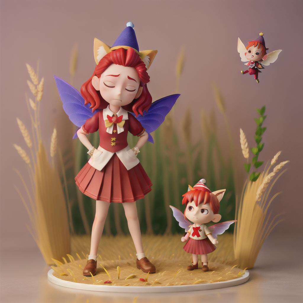  masterpiece, best quality, prefect face,(marionette:0.9),fairy,fox ears,sleepy,red hair,hair flower,pleated,Party hat,Demon wings,hands in pocket,pray,wheat field,((ink)), ((watercolor)),nendoroid