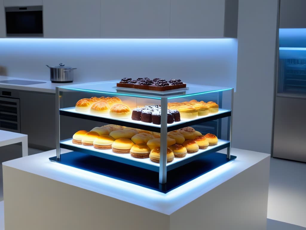  An ultradetailed image of a sleek, modern kitchen with spotless white countertops, hightech appliances neatly arranged, and a minimalist display of vibrant, freshly baked pastries and desserts. The lighting is soft, casting a gentle glow over the scene, highlighting the intricate details of the culinary creations and emphasizing a sense of precision and efficiency in the kitchen setup. hyperrealistic, full body, detailed clothing, highly detailed, cinematic lighting, stunningly beautiful, intricate, sharp focus, f/1. 8, 85mm, (centered image composition), (professionally color graded), ((bright soft diffused light)), volumetric fog, trending on instagram, trending on tumblr, HDR 4K, 8K