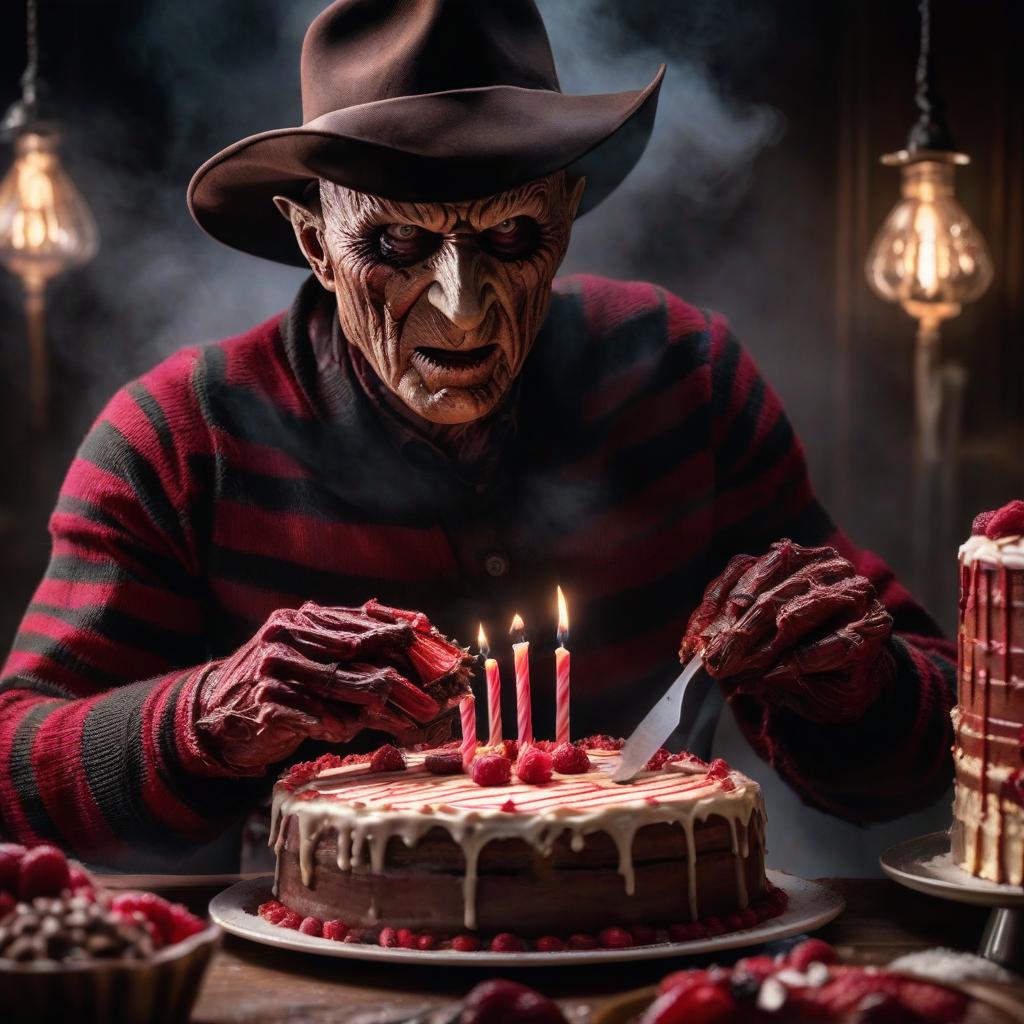  Freddy Krueger cuts a cake hyperrealistic, full body, detailed clothing, highly detailed, cinematic lighting, stunningly beautiful, intricate, sharp focus, f/1. 8, 85mm, (centered image composition), (professionally color graded), ((bright soft diffused light)), volumetric fog, trending on instagram, trending on tumblr, HDR 4K, 8K