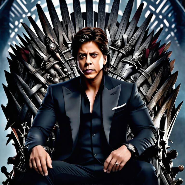  Medium: Digital art
Art Style: Hyper-realistic
Image Type: Illustration
Resolution and Focus: 4K resolution with highly detailed, sharp focus
Typography and Text: No text required

Description:
In this hyper-realistic digital art illustration, Shah Rukh Khan is depicted as Jon Snow, sitting atop the iconic Iron Throne. The image showcases incredible attention to detail, with every strand of hair and facial feature meticulously rendered. Shah Rukh Khan, with his intense gaze and rugged beard, embodies the strength and determination of the Jon Snow character. The Iron Throne itself is presented in all its imposing glory, made up of twisted swords gleaming with a metallic sheen. The intricate carvings and sharp edges of the throne add a sense 