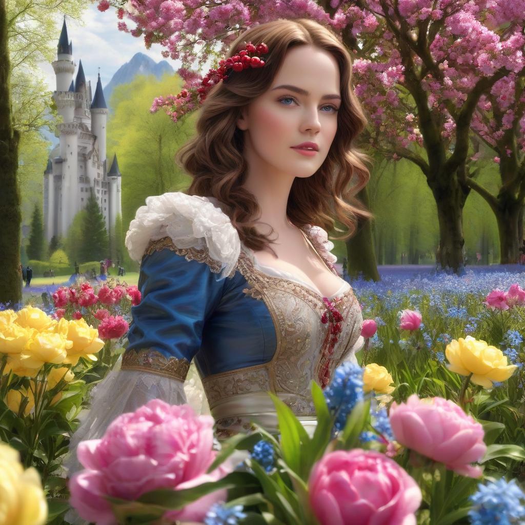  Neuschwanstein. Brown hair, blue eyes. ((Sparkling rim)): spring field, hyacinths, roses, rosehips, rose hips, peonies, cherry tree, yellow, red, black flowers, forget me nots. hyperrealistic, full body, detailed clothing, highly detailed, cinematic lighting, stunningly beautiful, intricate, sharp focus, f/1. 8, 85mm, (centered image composition), (professionally color graded), ((bright soft diffused light)), volumetric fog, trending on instagram, trending on tumblr, HDR 4K, 8K