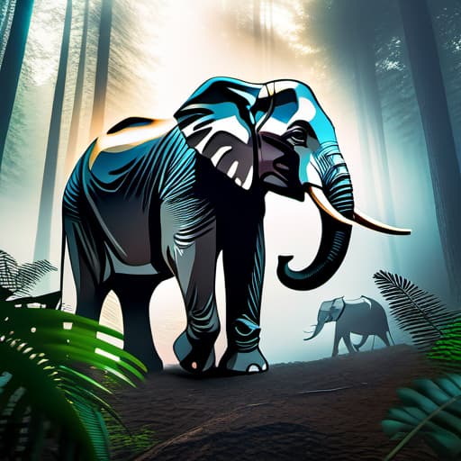  the elephant in the forests hyperrealistic, full body, detailed clothing, highly detailed, cinematic lighting, stunningly beautiful, intricate, sharp focus, f/1. 8, 85mm, (centered image composition), (professionally color graded), ((bright soft diffused light)), volumetric fog, trending on instagram, trending on tumblr, HDR 4K, 8K